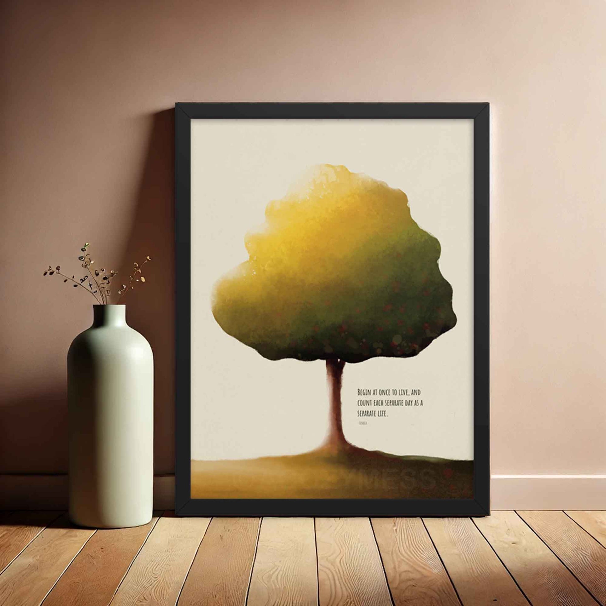 Begin at once to live, seneca quote tree art print in black frame.