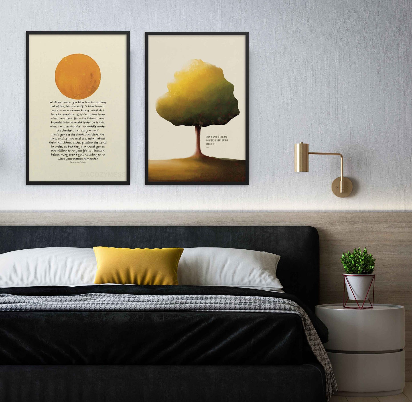 Seneca quote tree art print and marcus aurelius quote sun art print in black frame.