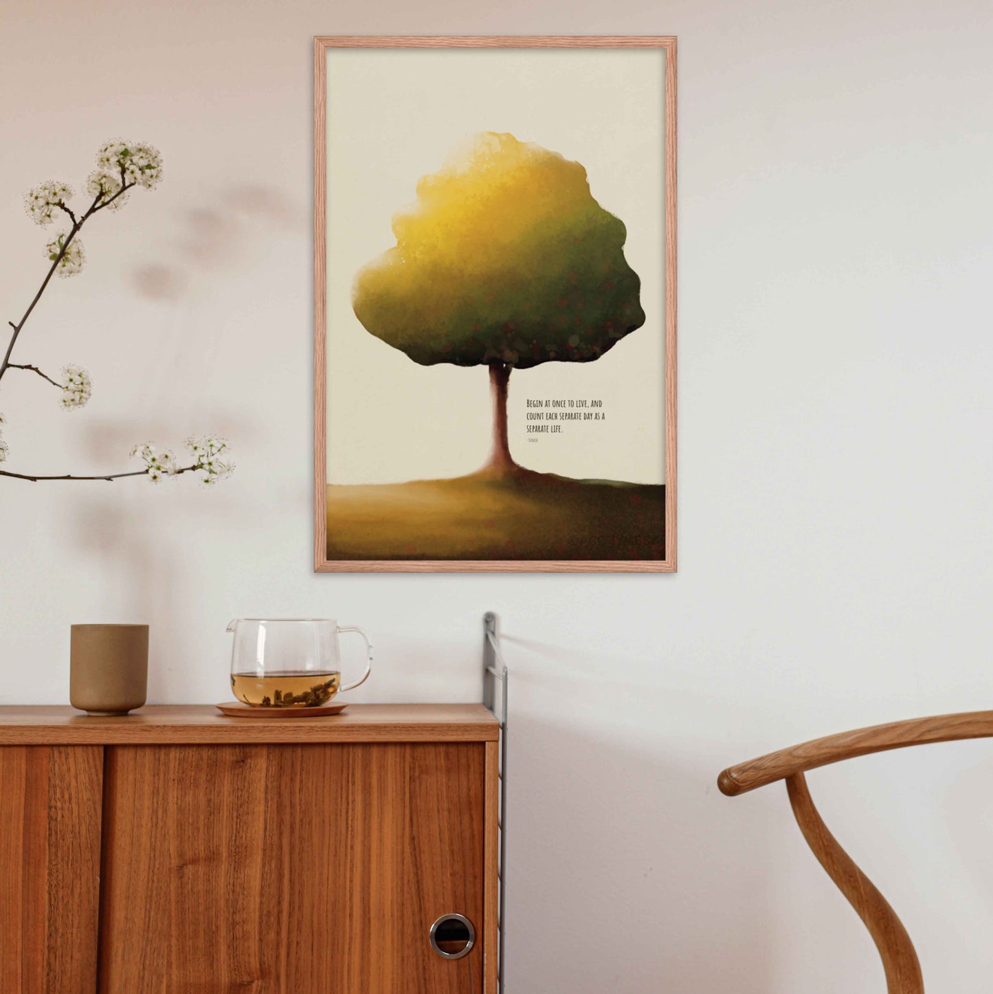 Art print featuring the quote 'Begin at once to live, and count each separate day as a separate life' by Seneca, with a detailed illustration of a tree symbolizing growth and renewal in oakwood frame.