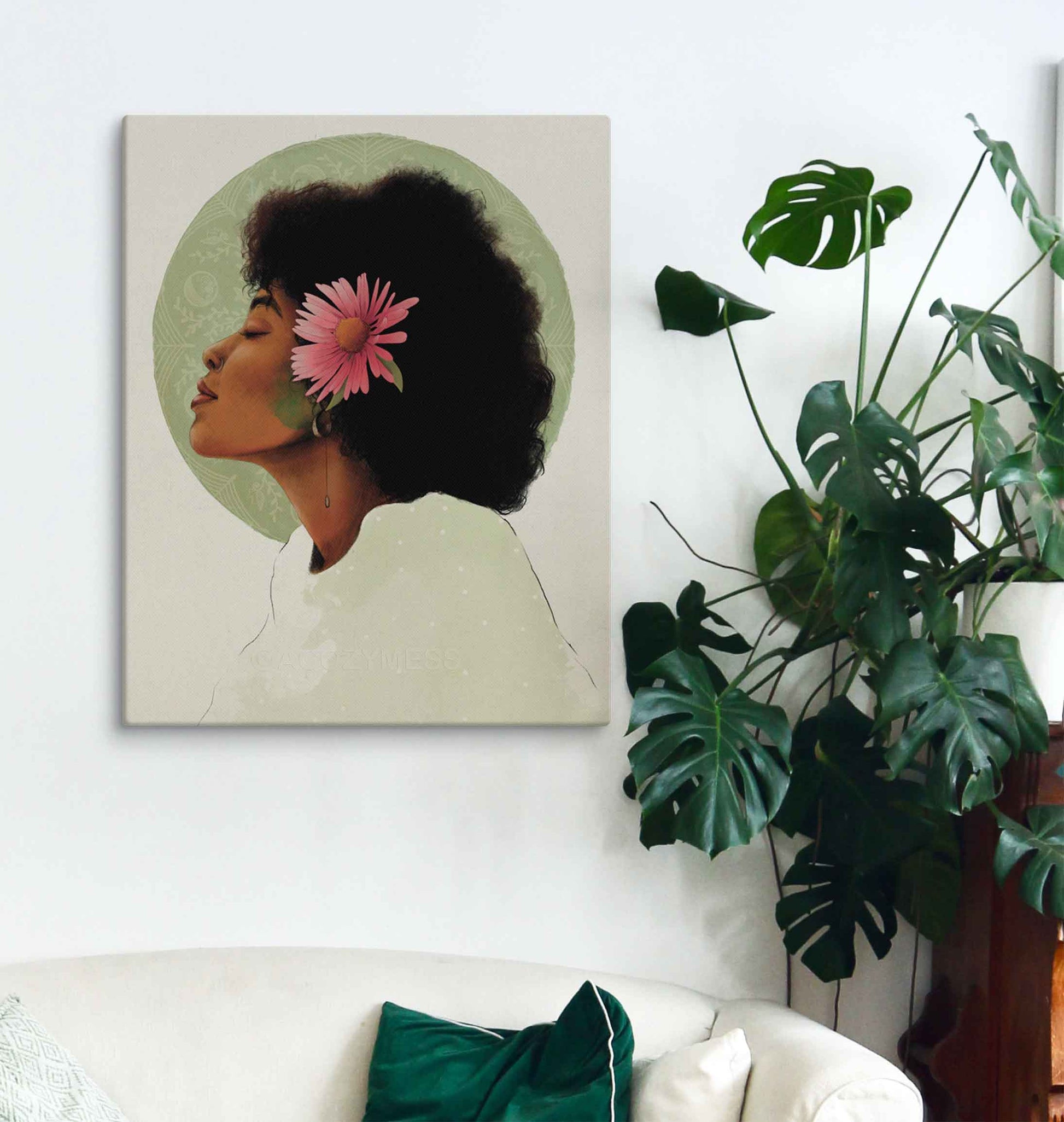 Black Woman With pink flower in her hair canvas art print