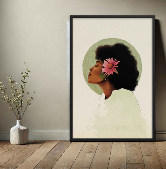 Black Woman With pink flower in her hair in sage green, beige black and brown colors, art print framed in black