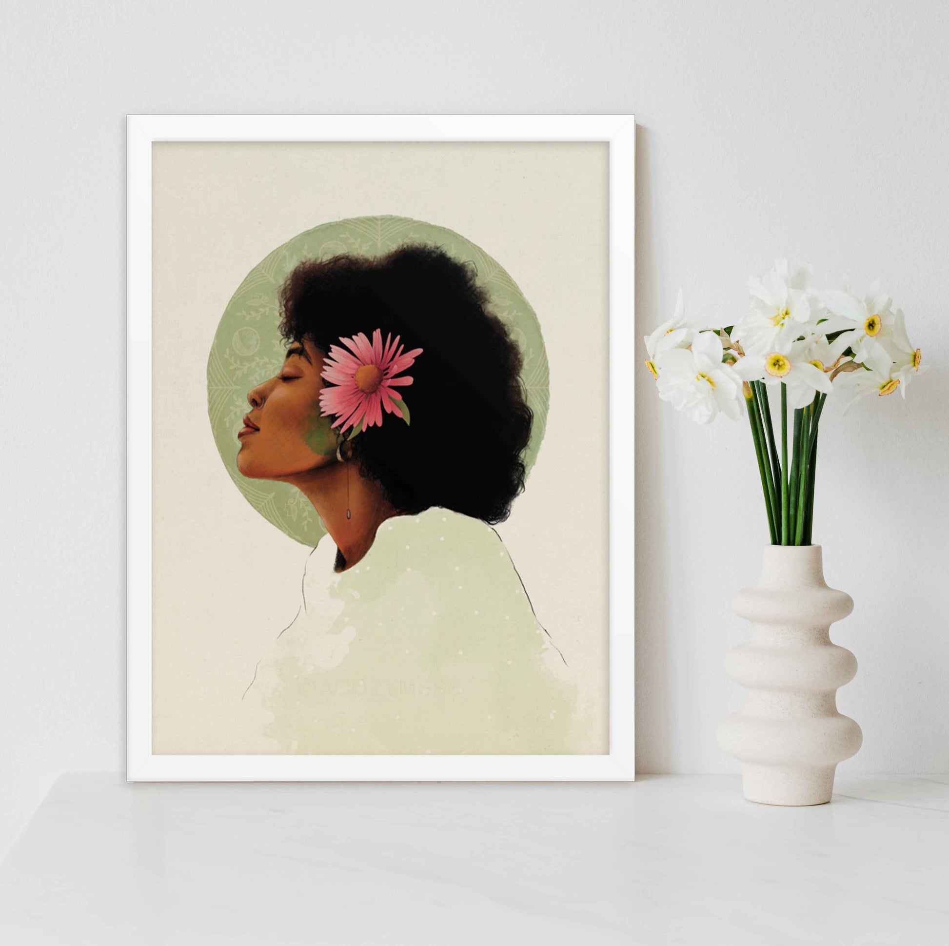 Black Woman With pink flower in her hair art print in white frame