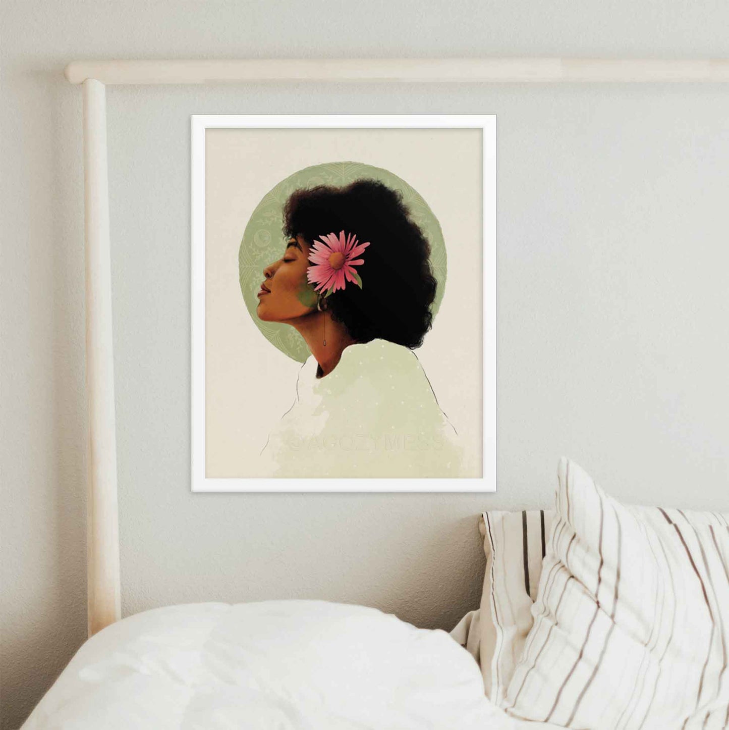 Black Woman With pink flower in her hair art print framed in white