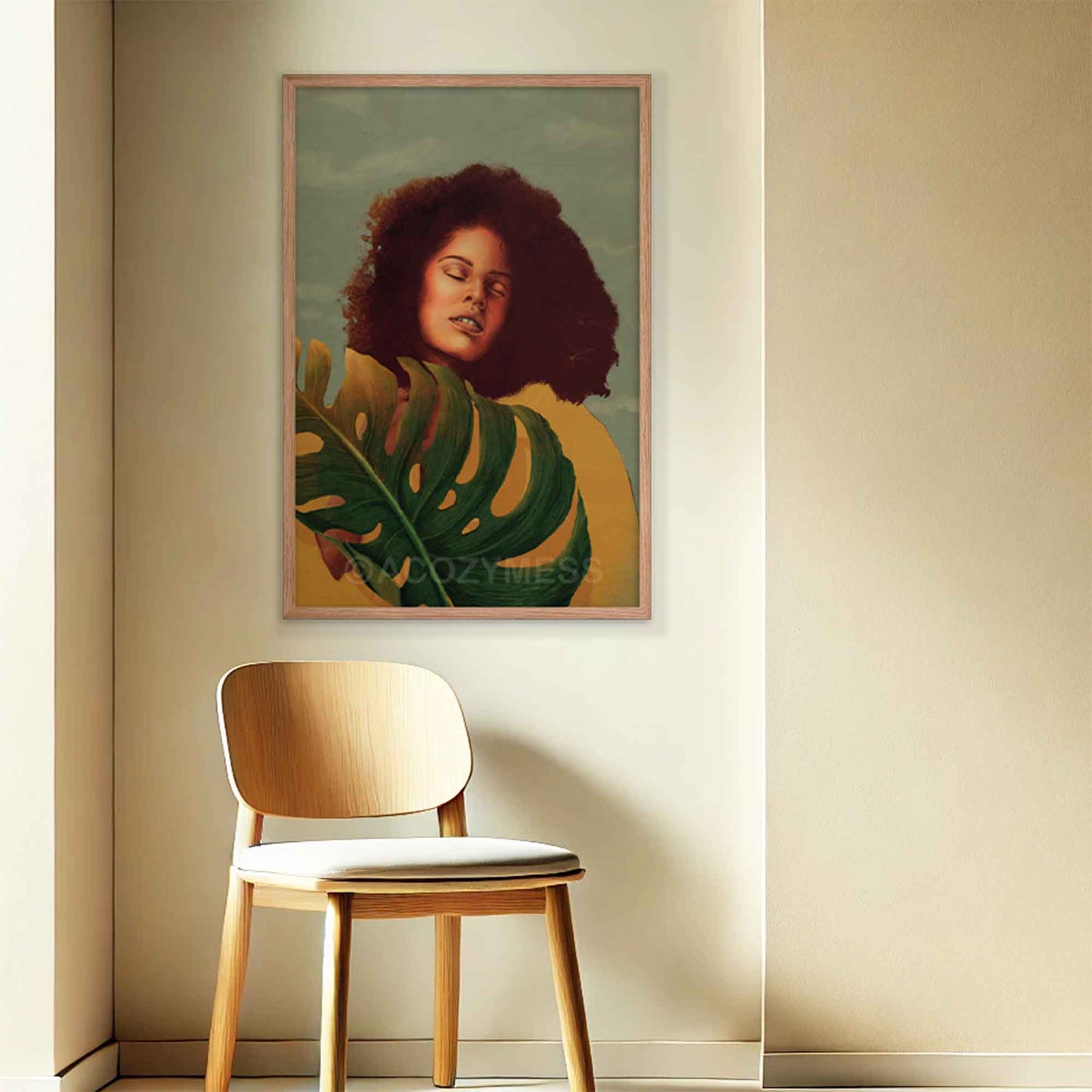Black Woman Wall Art featuring a vibrant yellow background, confident pose, and monstera leaf in yellow, blue and green poster framed in oakwood.