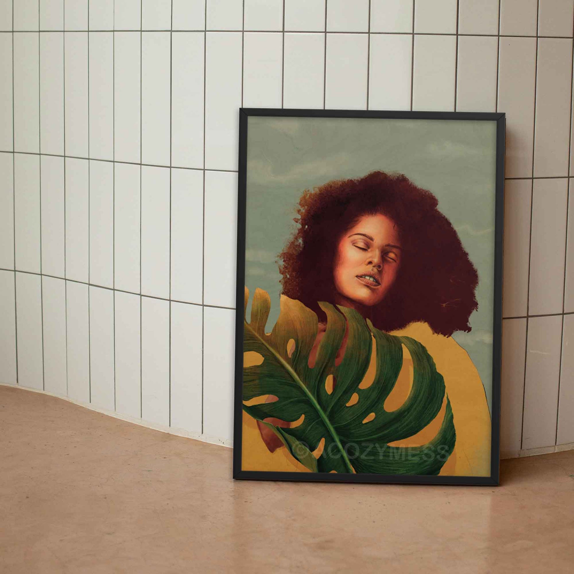 Black Woman Wall Art featuring a vibrant yellow background, confident pose, and monstera leaf in yellow, blue and green poster framed in black.