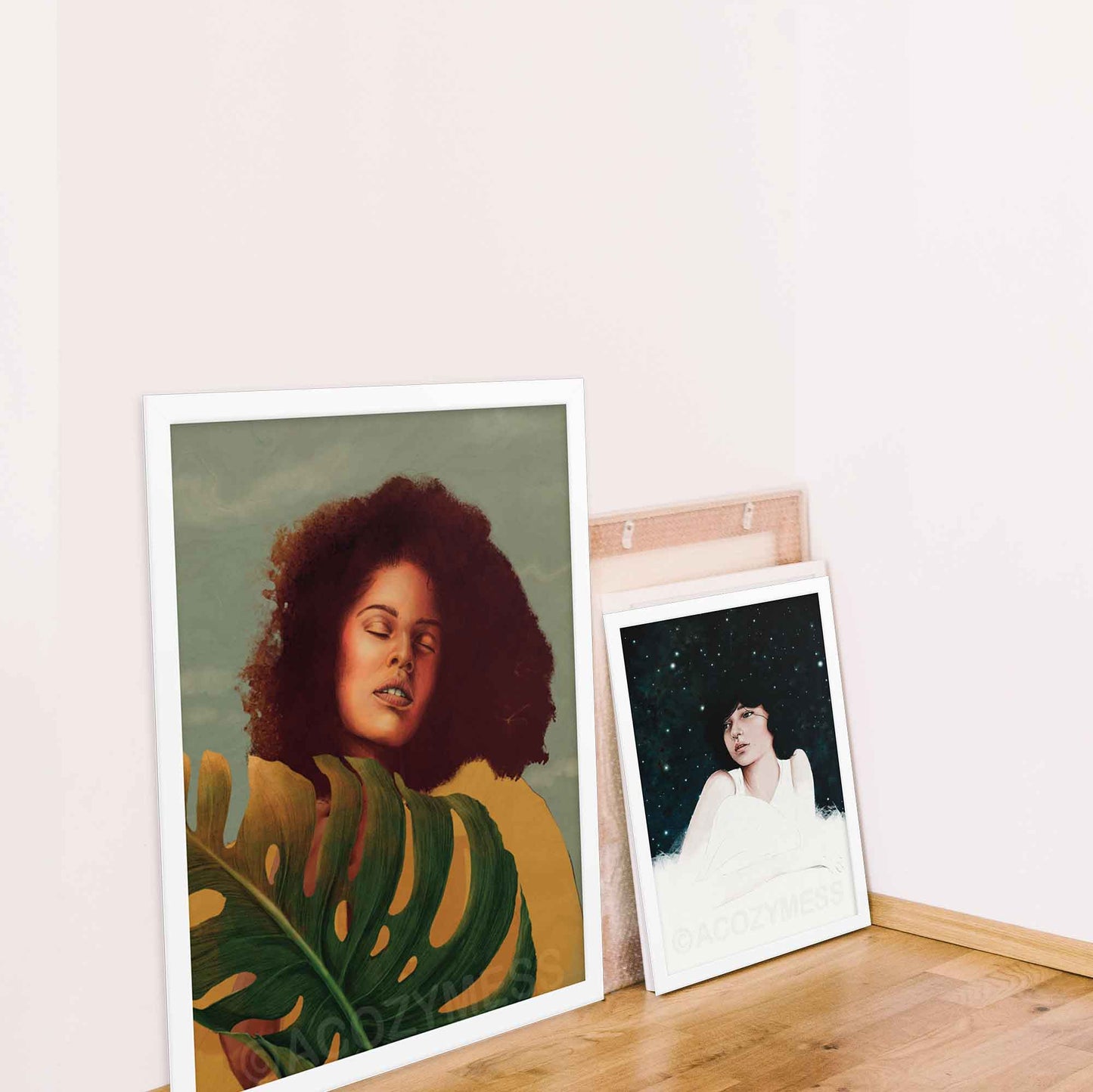 Black Woman Wall Art featuring a vibrant yellow background, confident pose, and monstera leaf in yellow, blue and green poster framed in white.