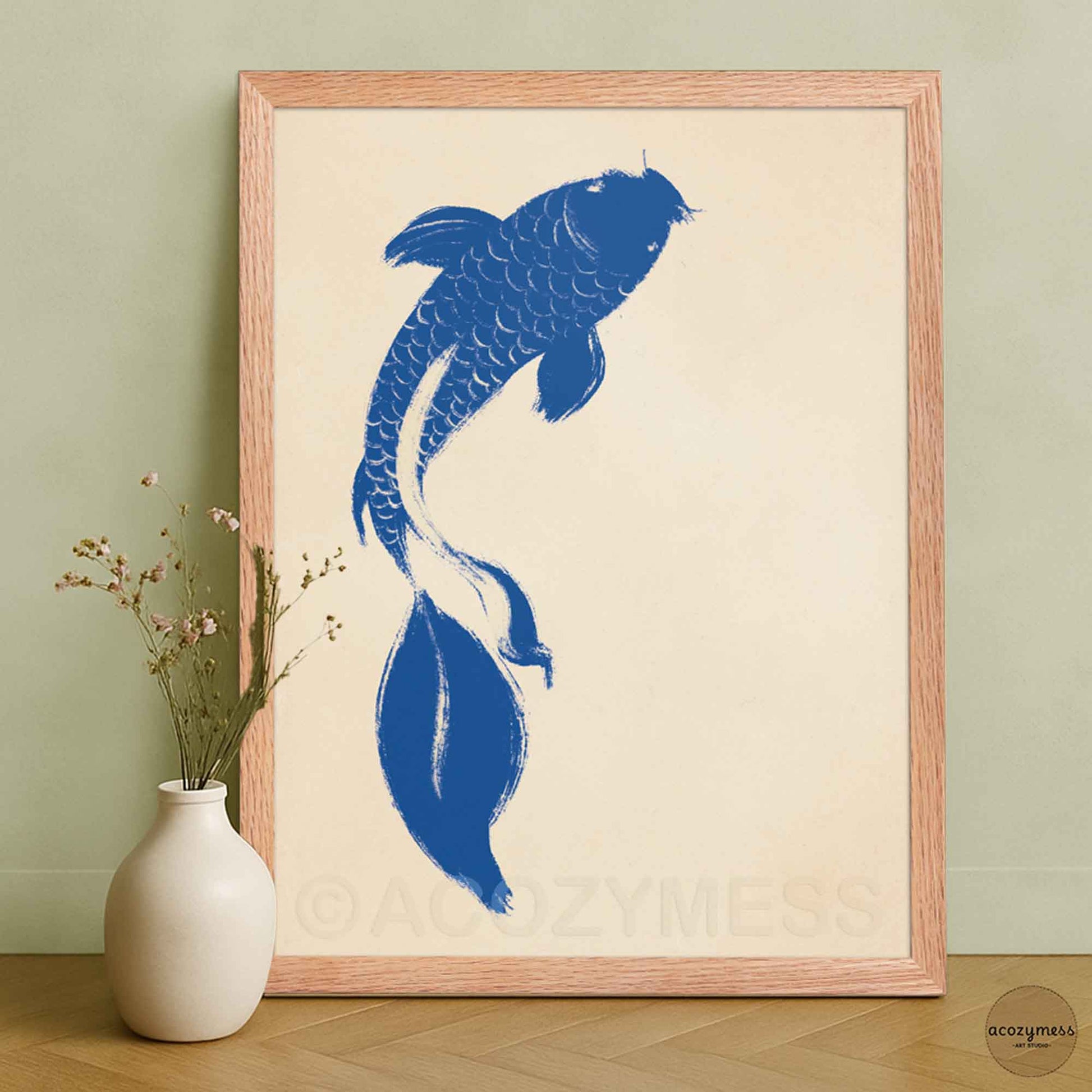 Japanese Blue koi fish poster with beige background displayed in an oakwood frame, warm natural finish.