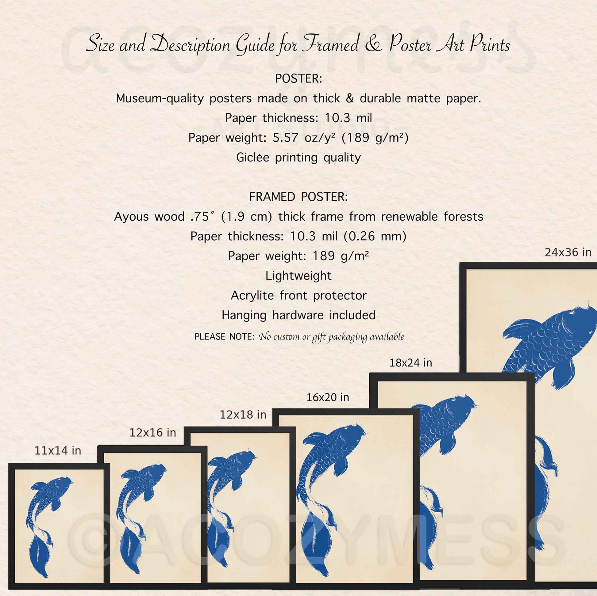 Size and description guide for framed and poster art prints with blue koi fish designs.