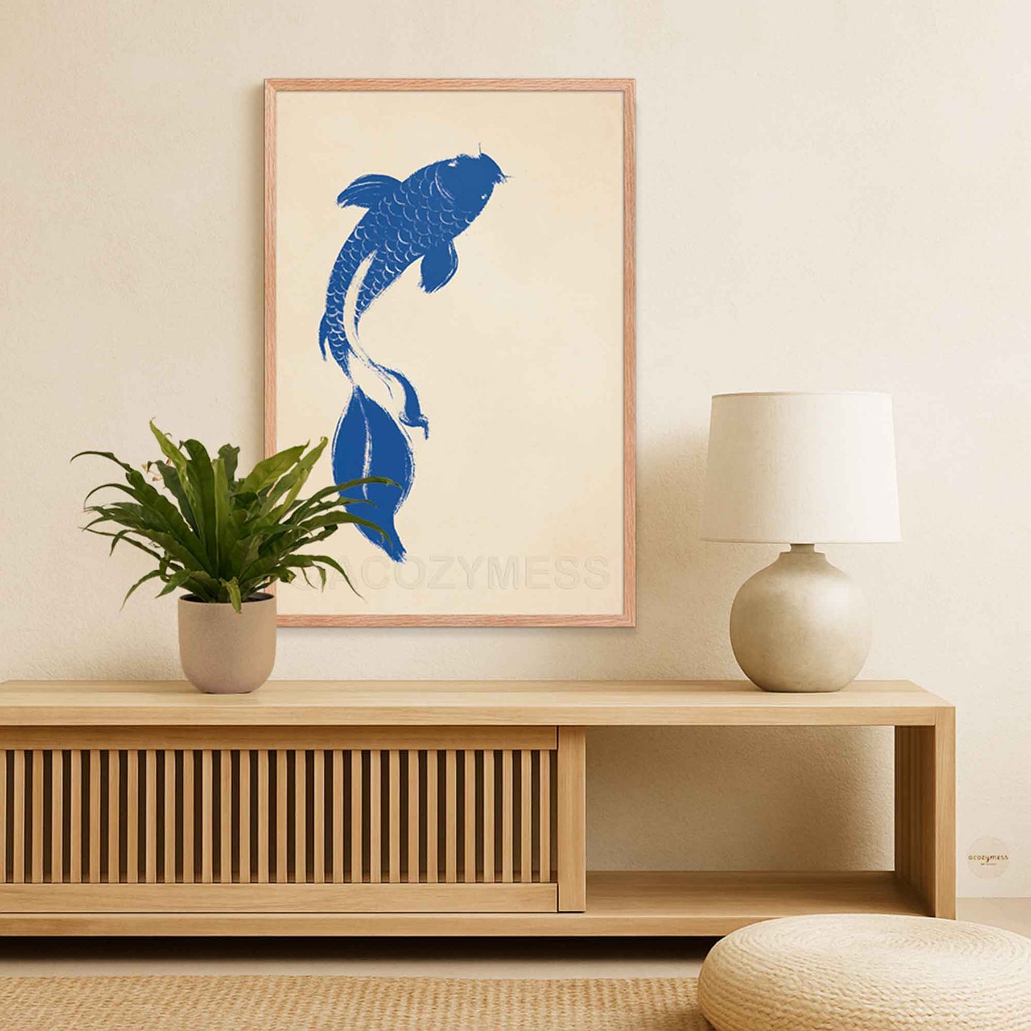 Blue koi fish poster with beige background displayed in an oakwood frame, warm natural finish.
