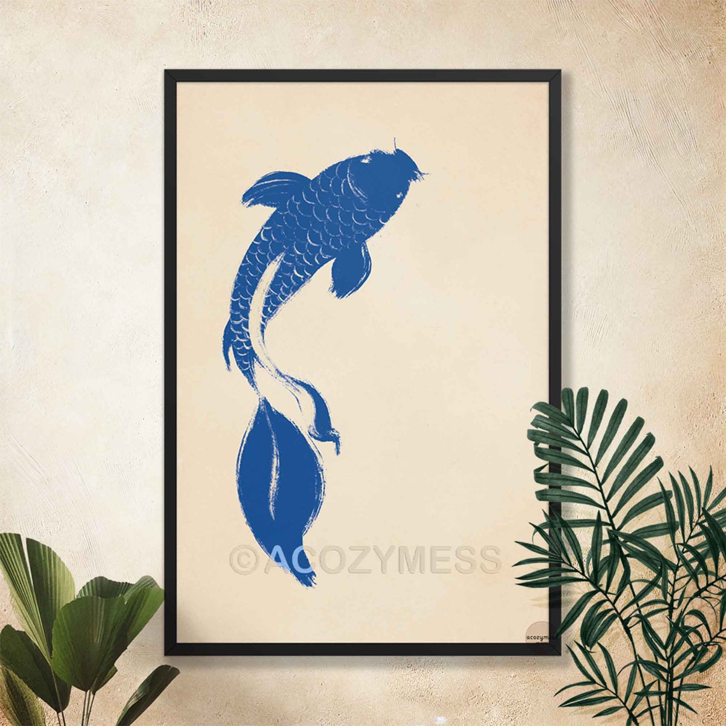Minimalist design Blue koi fish art print on beige background shown in a sleek black frame for a bold, modern look.
