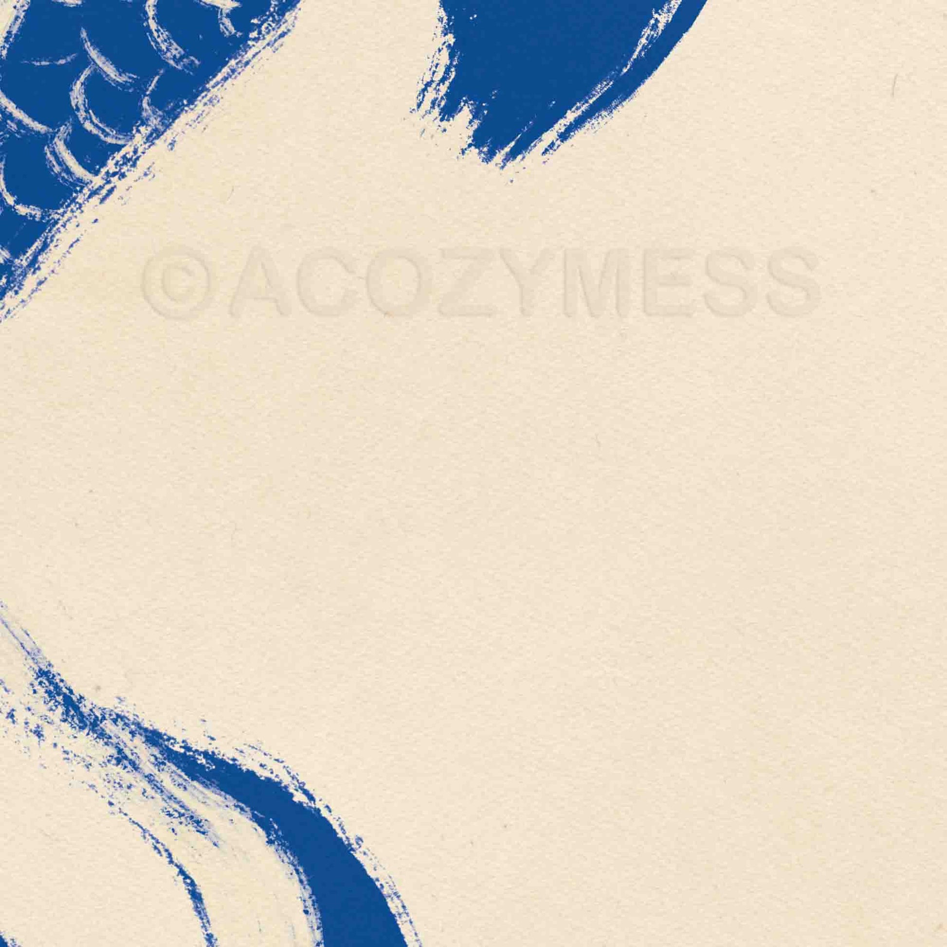 Close-up of blue koi fish wall art on a beige background, minimalist Japanese-inspired design showing detailed fish illustration.