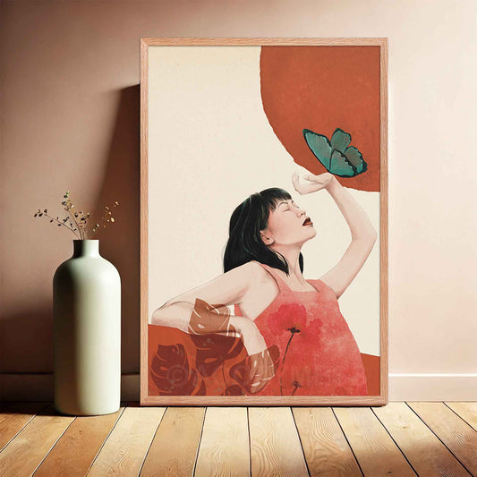 Woman & a  Butterfly Art Print | Woman Art Poster | Feminine Wall Art