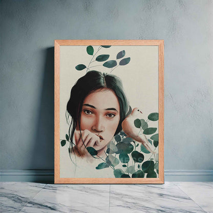 Nature inspired woman surrounded with green leaves  and a dove wall art poster in oakwood frame.