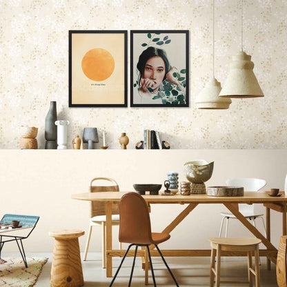 Nature inspired woman surrounded with green leaves  and a dove wall art poster in black frame for earthly decor.