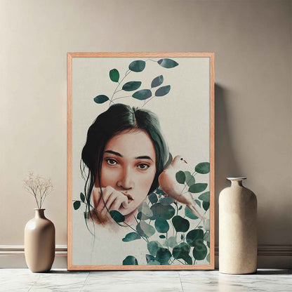 Nature inspired woman surrounded with green leaves  and a dove wall art poster in oakwood frame.