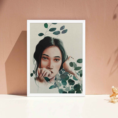 Nature inspired woman surrounded with green leaves  and a dove wall art poster in white frame.