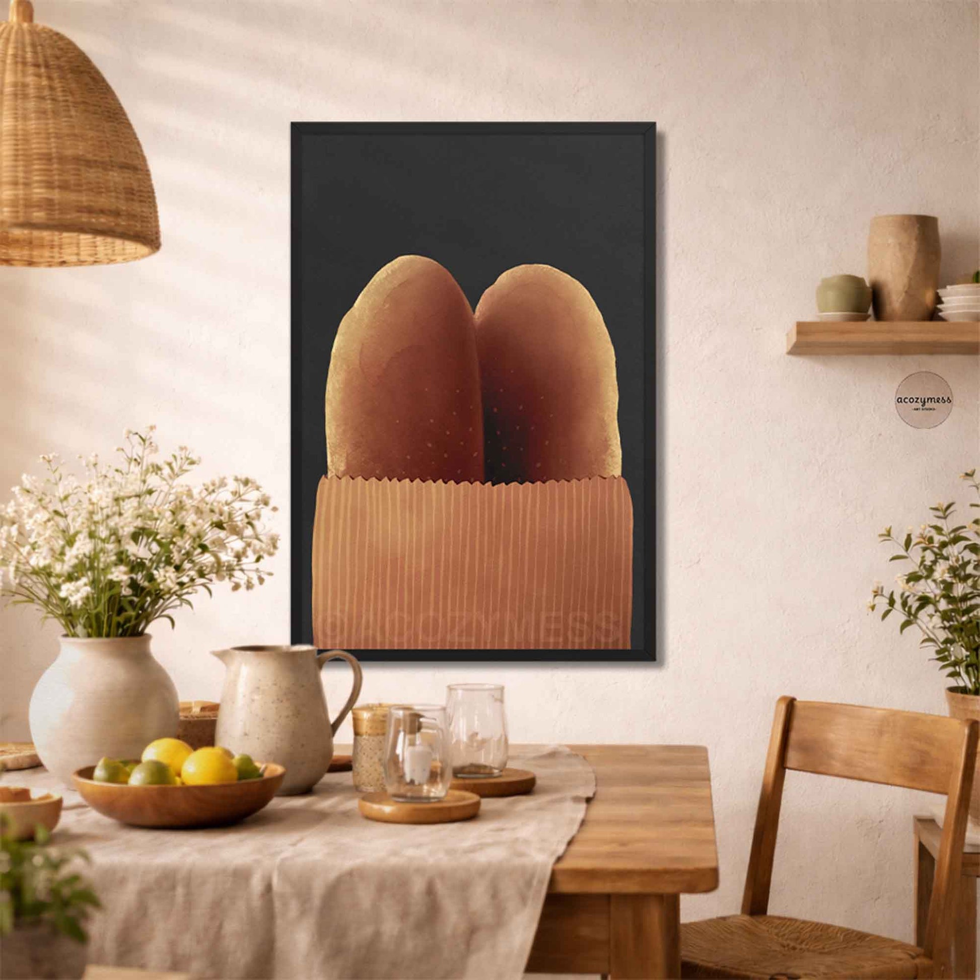 Dining room with bread artwork on the wall.