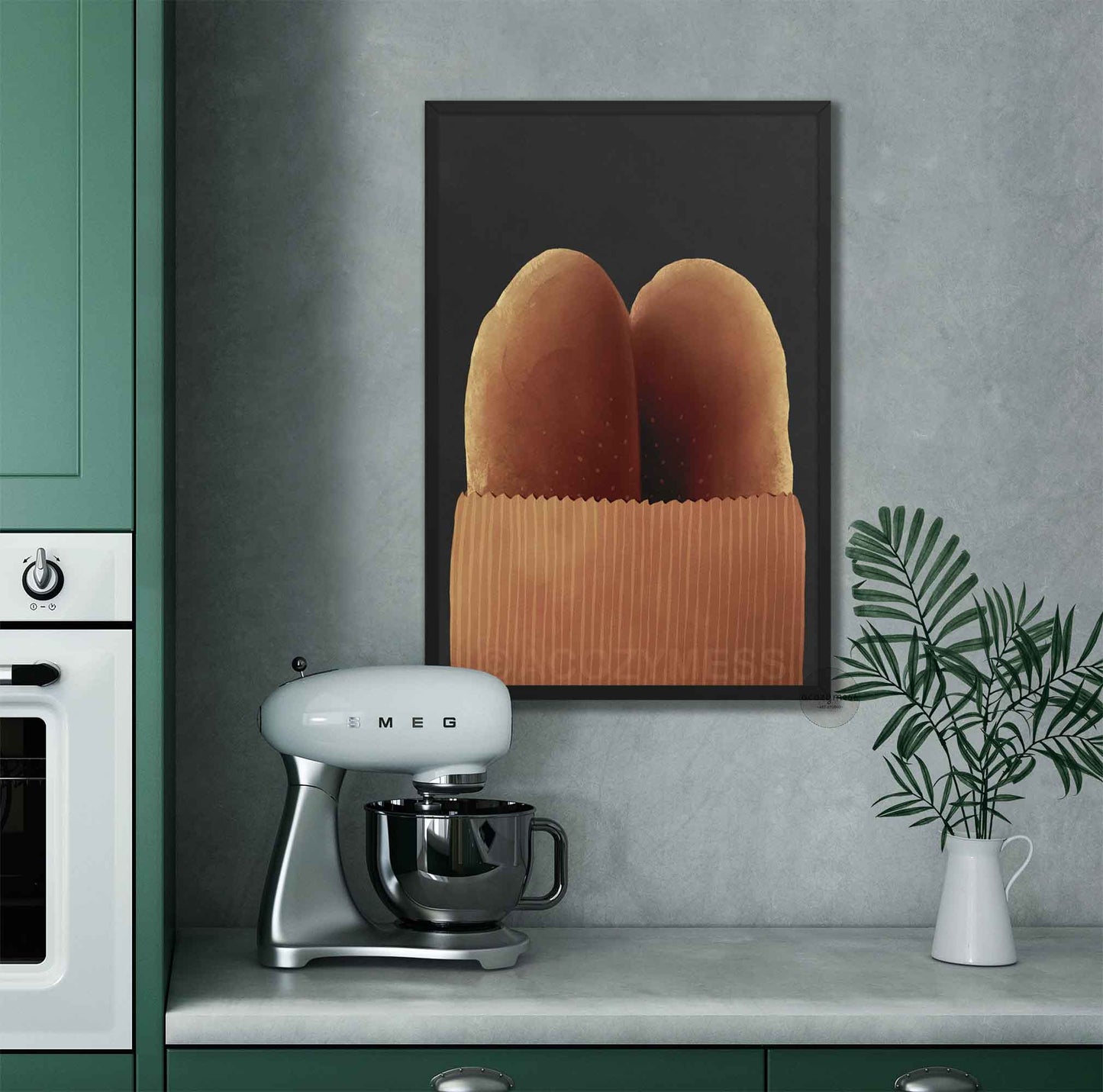 Cozy bakery-themed wall art in a black frame—two baguettes in a brown paper bag against a dark gray backdrop.