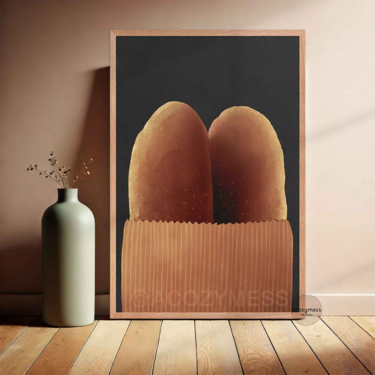 Oakwood Framed artwork of bread loaves on a wooden floor with a vase against a wall.