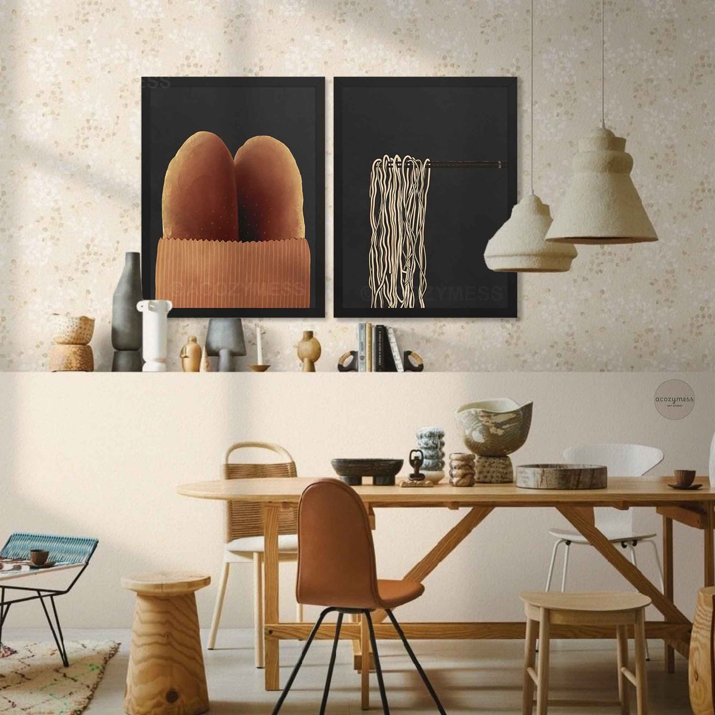Two Black-framed warm and cozy baguette and ramen wall art in dining room wall.