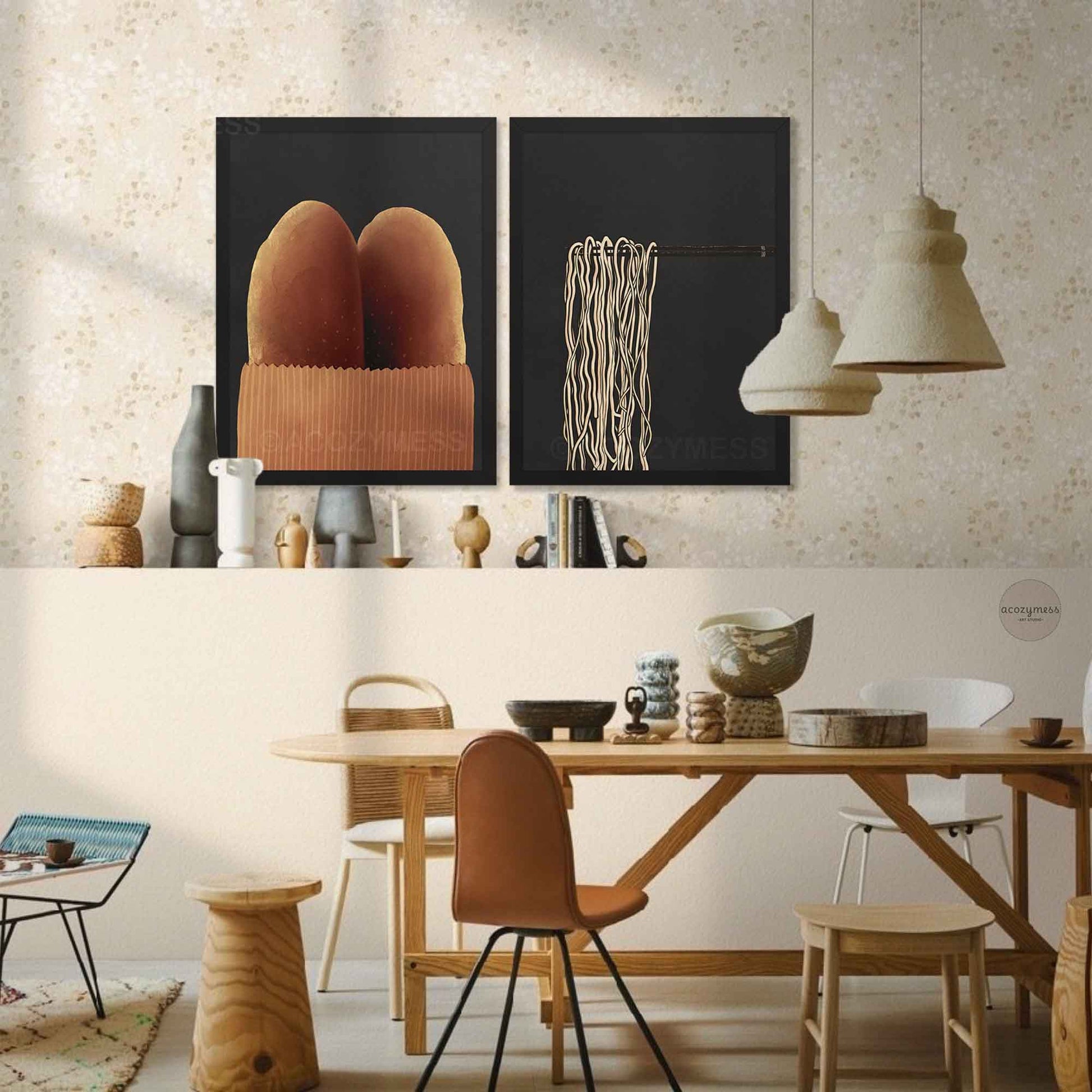 Two Black-framed warm and cozy baguette and ramen wall art in dining room wall.