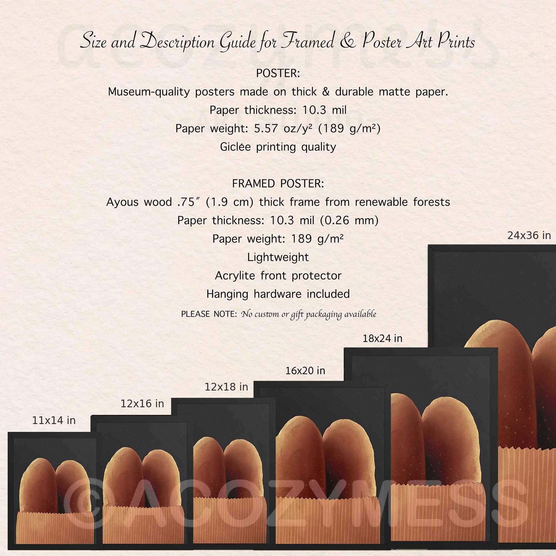 Size and description guide for framed and poster art prints with dimensions and materials listed.