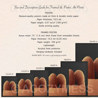 Size and description guide for framed and poster art prints with dimensions and materials listed.