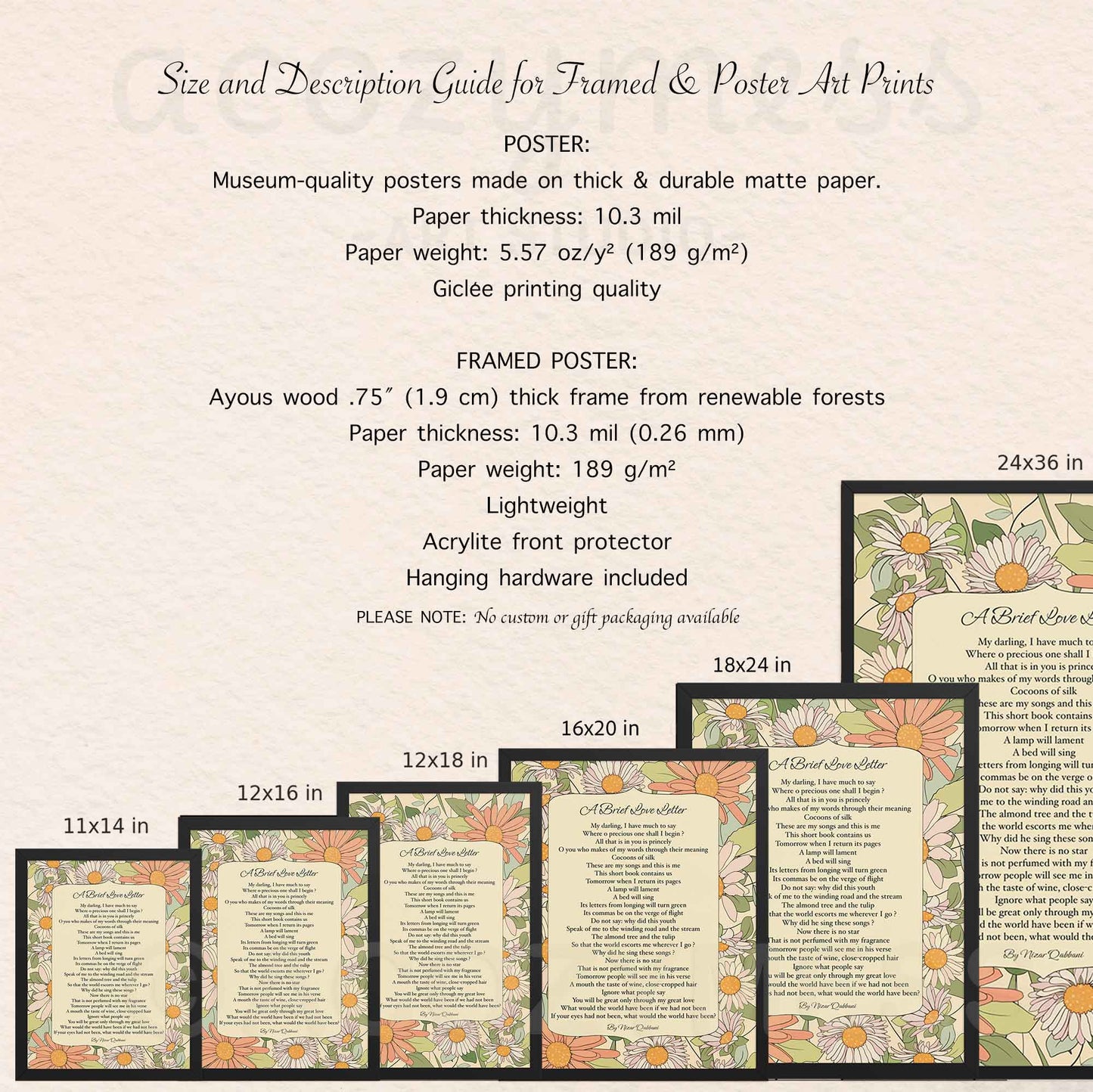 11x14, 12x16, 12x18, 16x20, 18x24, 20x30 framed and unframed poster options description guide for poem print