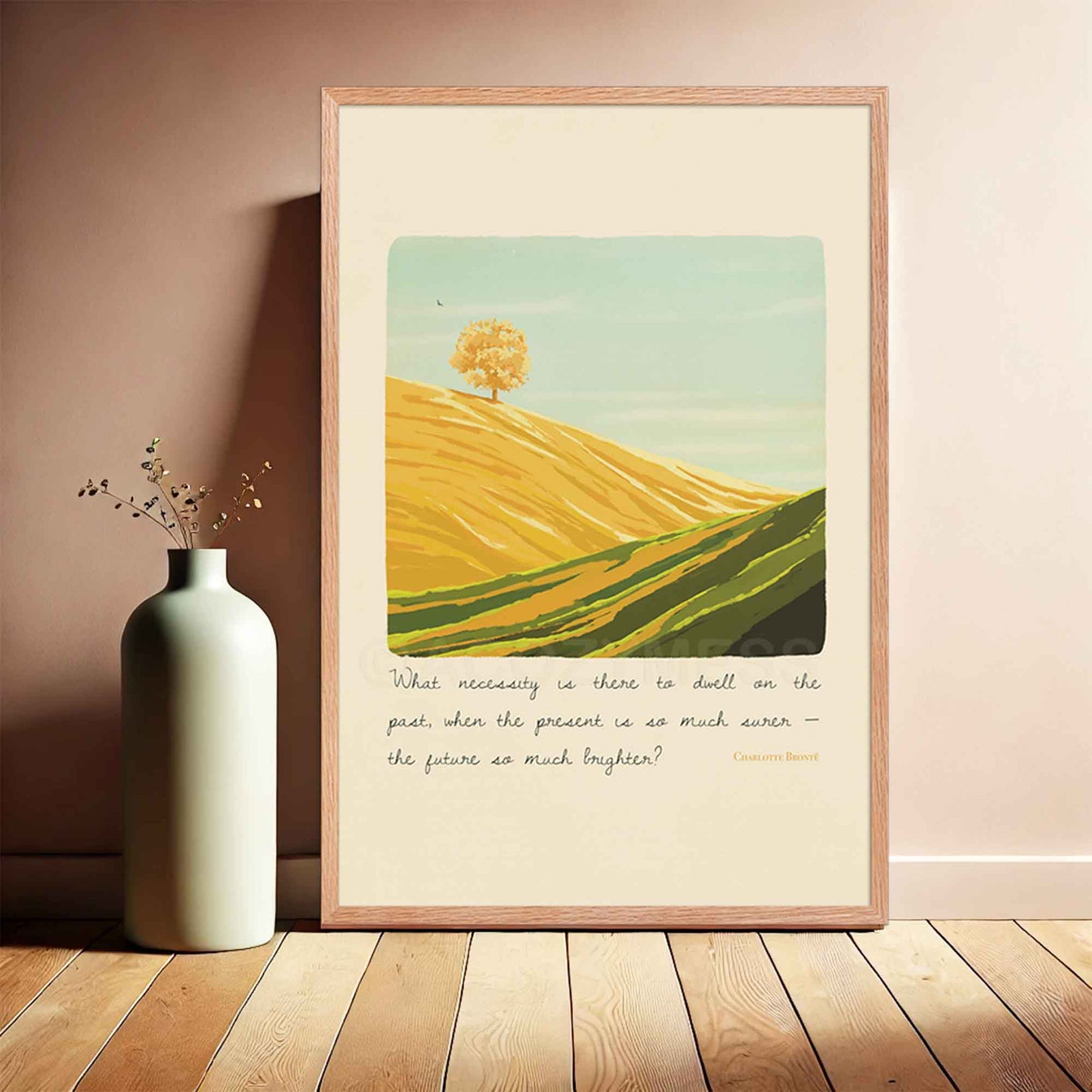  A landscape wall art print featuring an inspiring quote by Charlotte Brontë, the artwork includes a peaceful illustration of a bright mountain landscape, symbolizing optimism, growth, and a forward-looking mindset, displayed in oakwood frame.