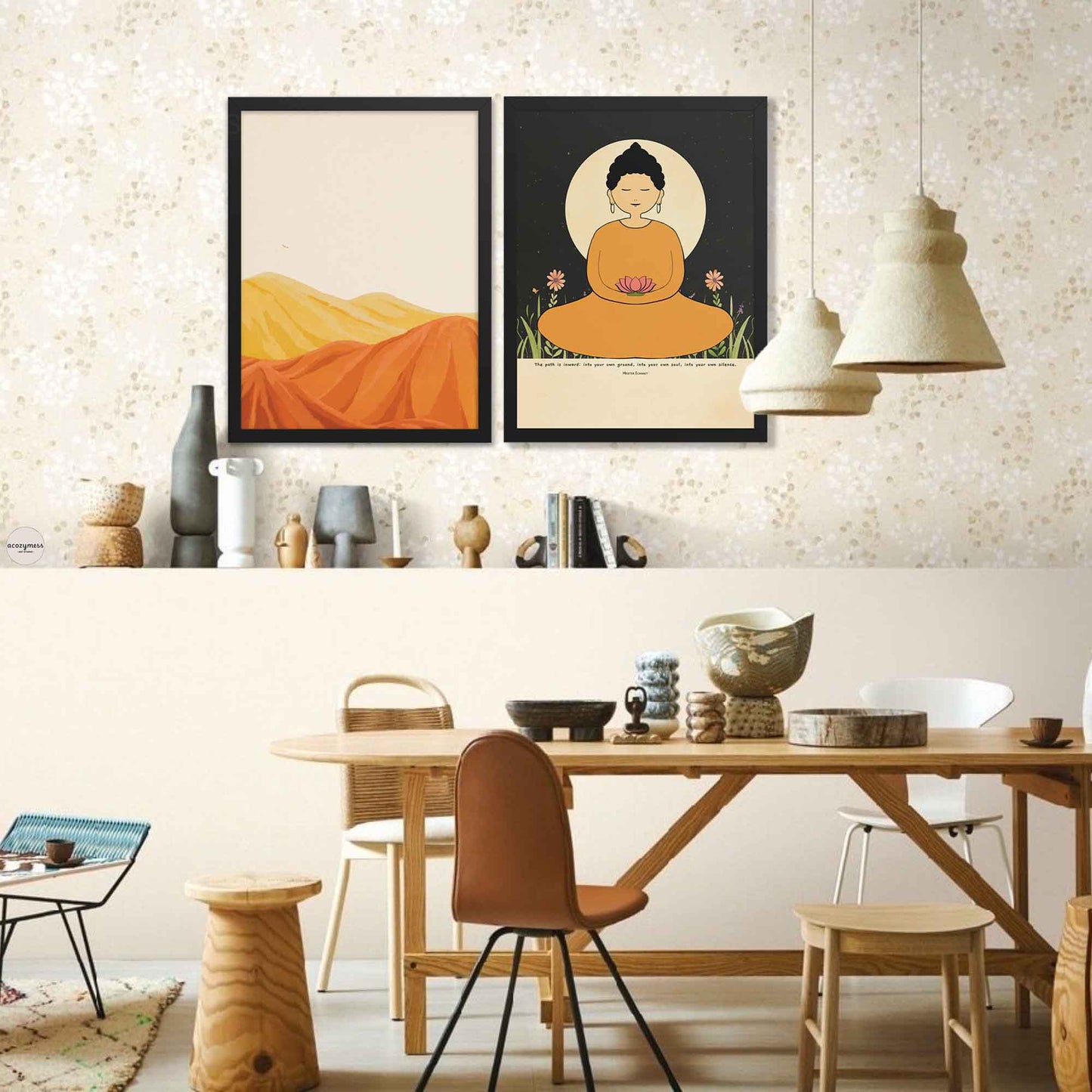  A spiritual wall art poster featuring a woman Buddha in a yellow robe meditating, holding a lotus flower. She is seated before a large glowing moon with a starry night sky in the background. The poster includes the quote by Meister Eckhart in black frame.