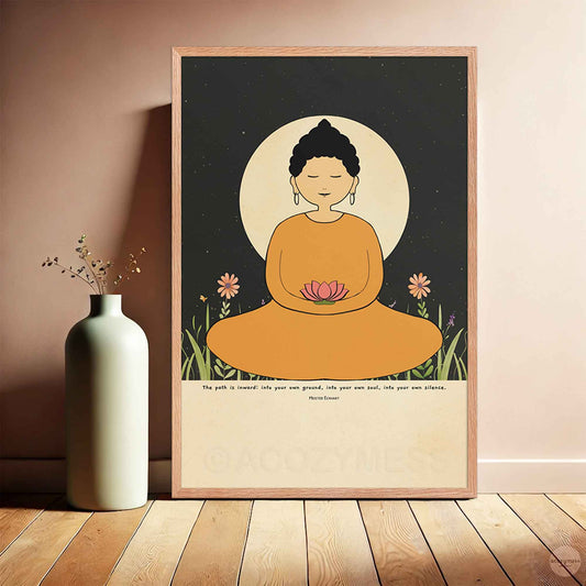  A spiritual wall art poster featuring a woman Buddha in a yellow robe meditating, holding a lotus flower. She is seated before a large glowing moon with a starry night sky in the background. The poster includes the quote by Meister Eckhart in oakwood frame.