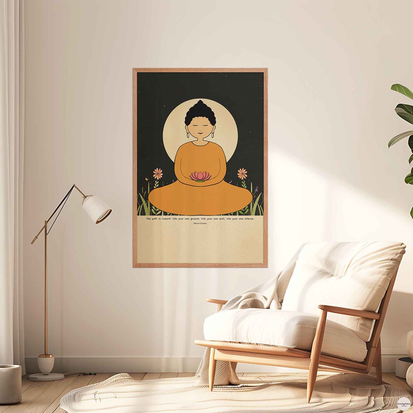  A spiritual wall art print featuring a woman Buddha in a yellow robe meditating, holding a lotus flower. She is seated before a large glowing moon with a starry night sky in the background. The poster includes the quote by Meister Eckhart in oakwood frame 