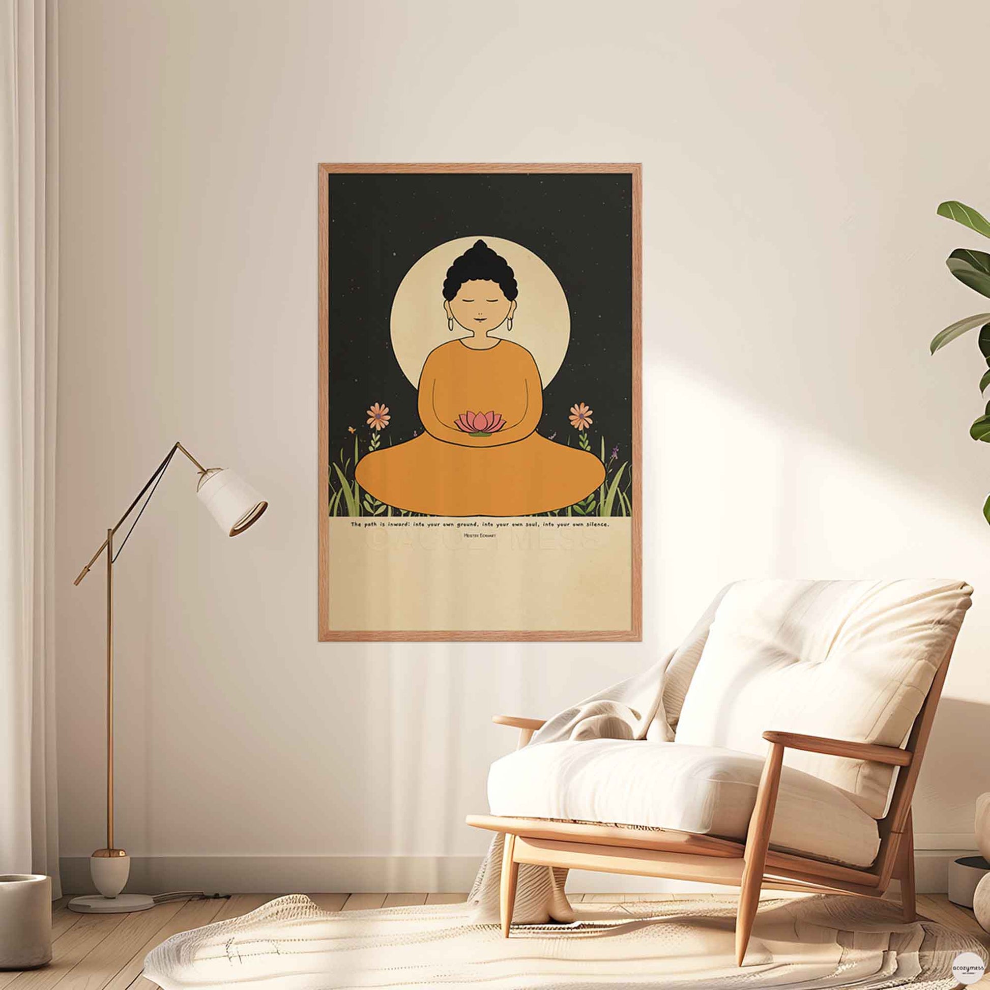  A spiritual wall art print featuring a woman Buddha in a yellow robe meditating, holding a lotus flower. She is seated before a large glowing moon with a starry night sky in the background. The poster includes the quote by Meister Eckhart in oakwood frame 