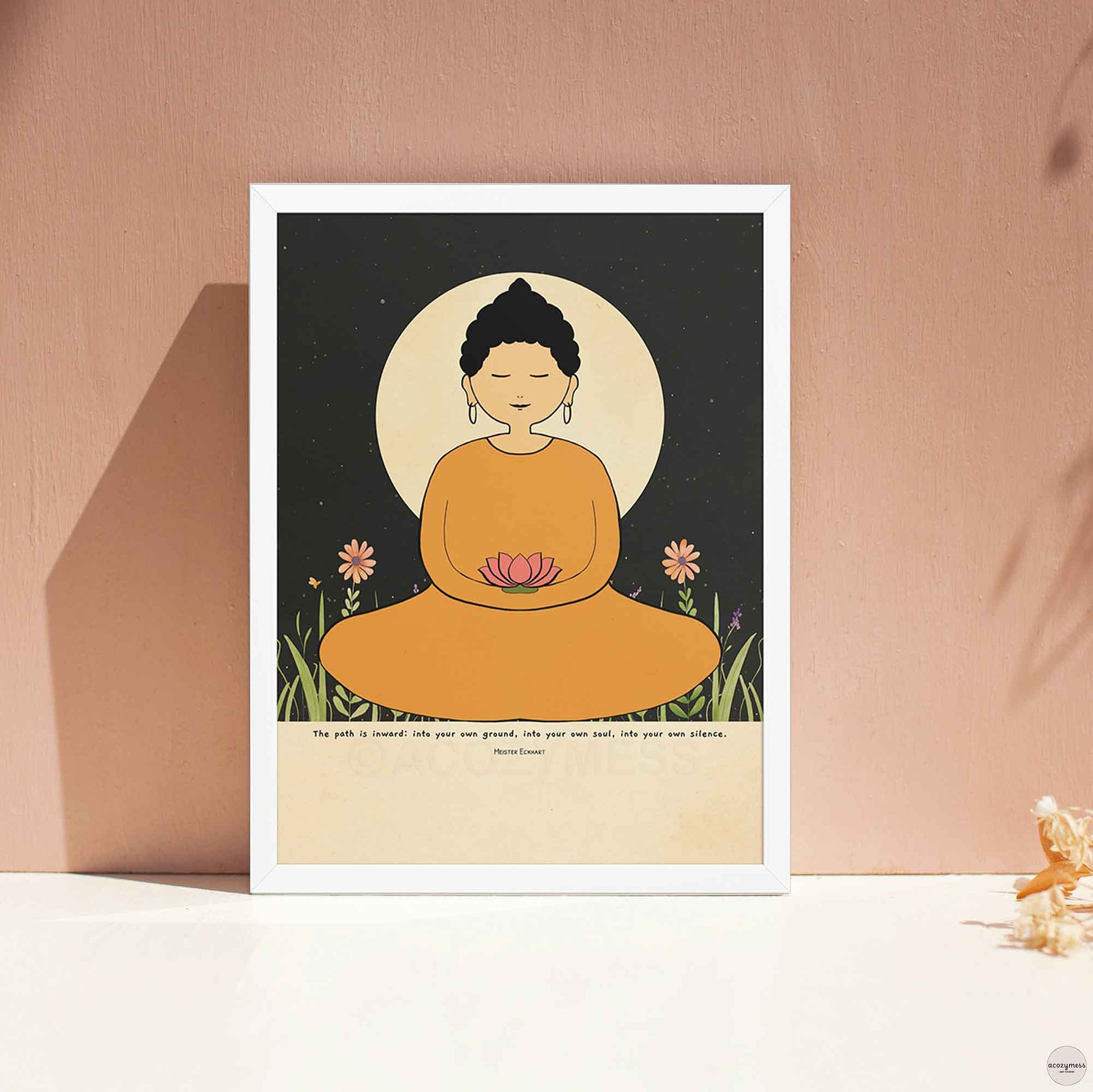  A woman Buddha in a yellow robe meditating, holding a lotus flower. She is seated before a large glowing moon with a starry night sky in the background. The poster includes the quote by Meister Eckhart in white frame.