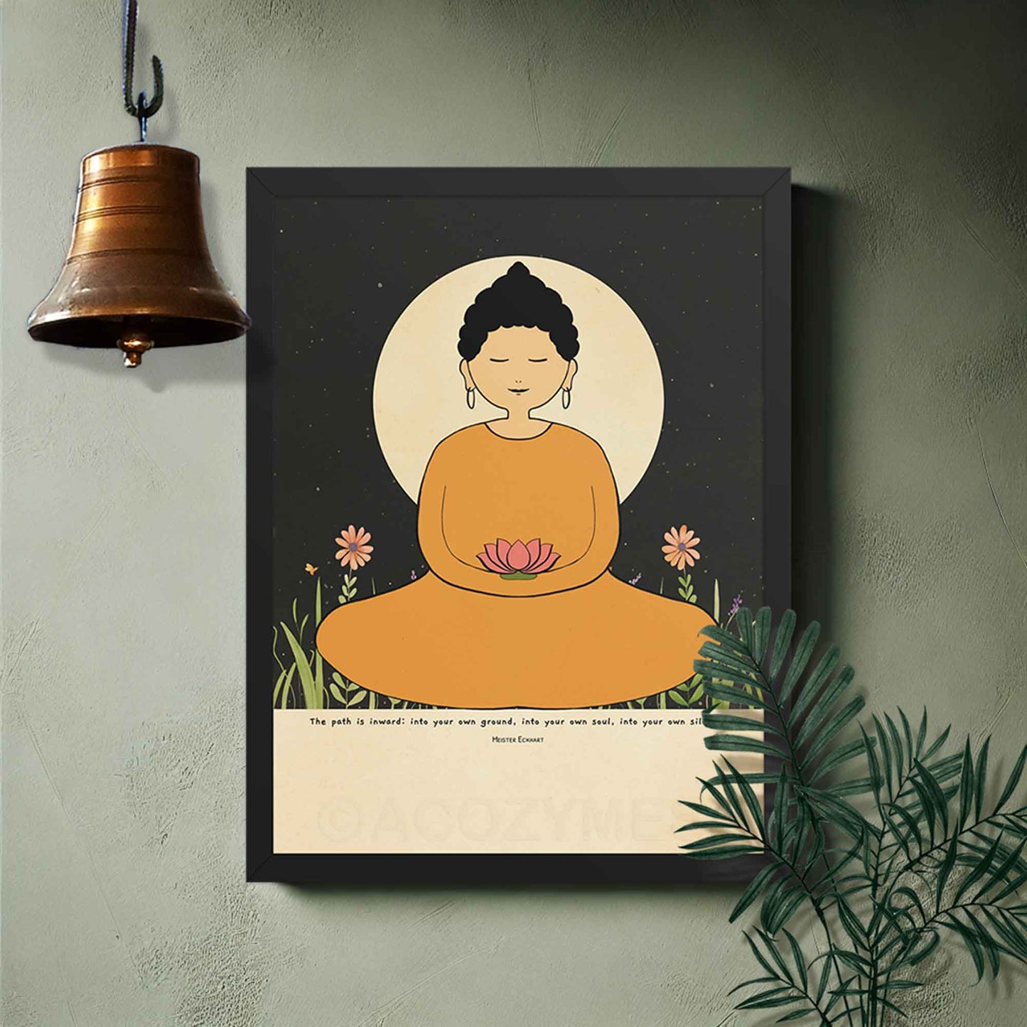  A woman Buddha in a yellow robe meditating, holding a lotus flower. She is seated before a large glowing moon with a starry night sky in the background. The poster includes the quote by Meister Eckhart in black frame as yoga room decor