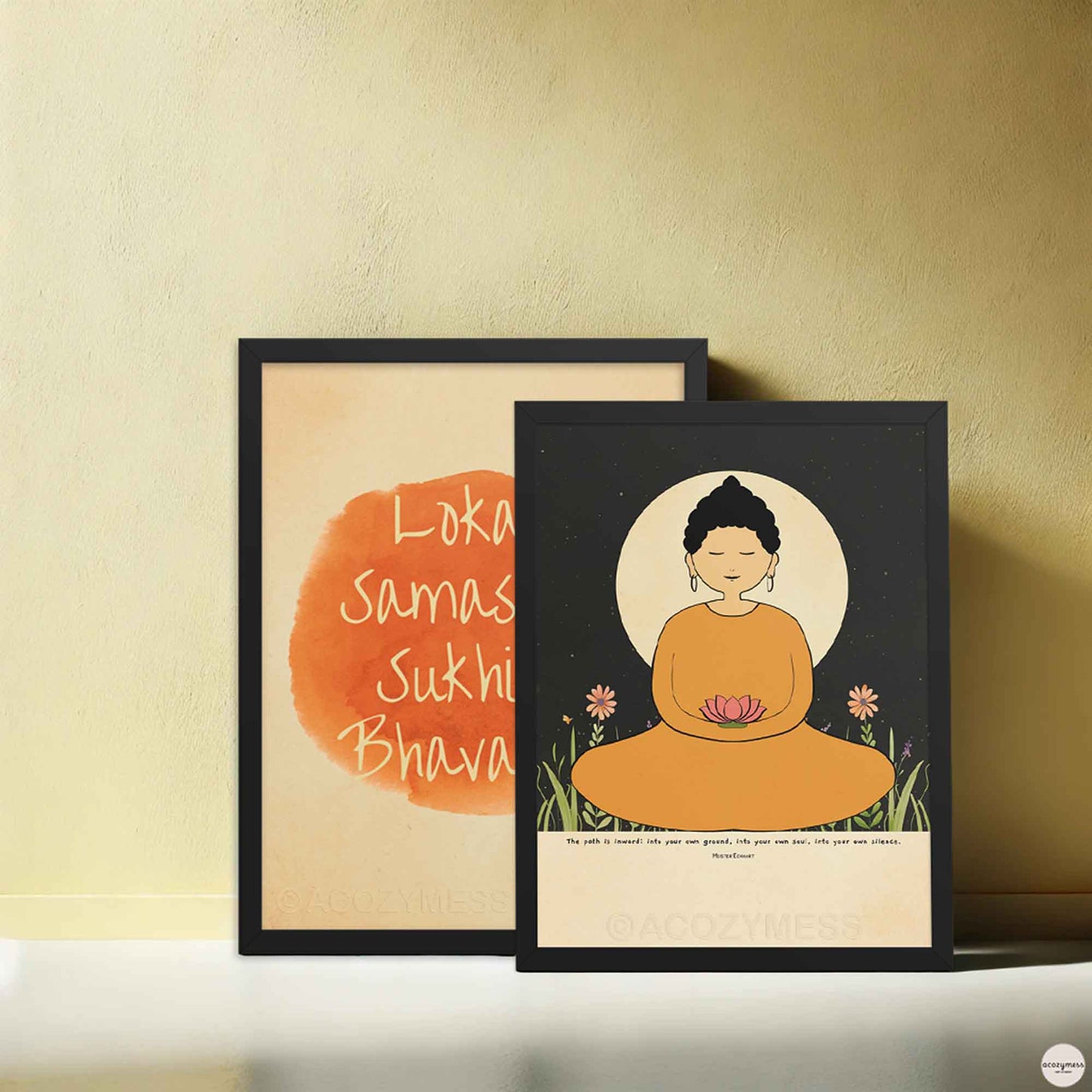  A woman Buddha in a yellow robe meditating, holding a lotus flower. She is seated before a large glowing moon with a starry night sky in the background. The poster includes the quote by Meister Eckhart in black frame for mediation room decor