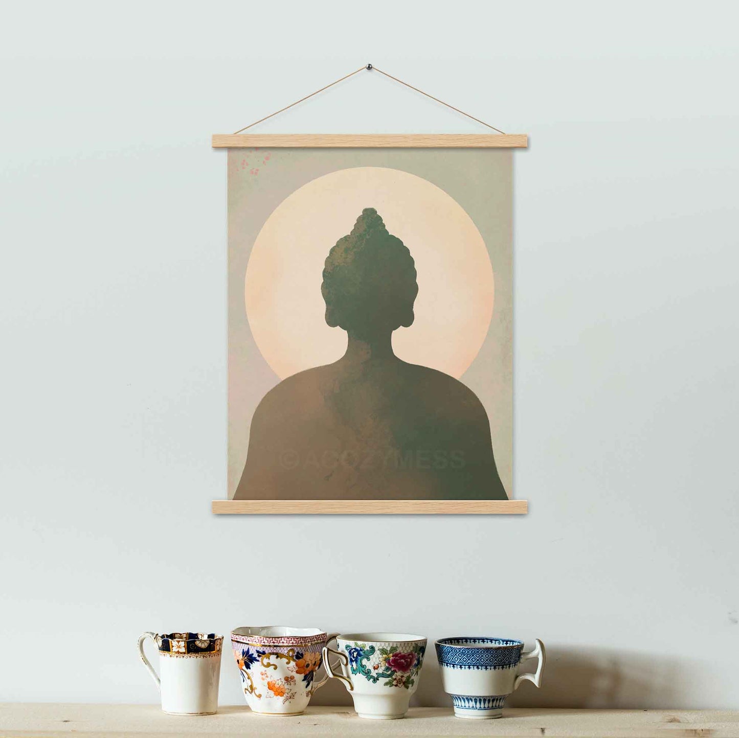 Buddha wall art in earthy tones of blue, green, brown, and beige, designed to bring tranquility and spiritual serenity to any space.