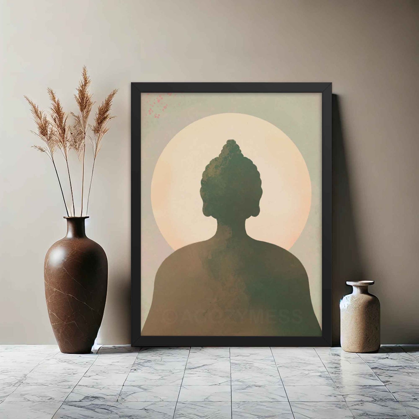 Buddha and Moon Wall art print in earthly shades of green, blue and beige in black frame