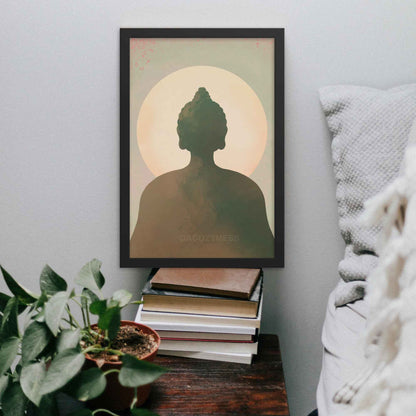 Buddha wall art in earthy tones of blue, green, brown, and beige, designed to bring tranquility and spiritual serenity to any space, in black frame.