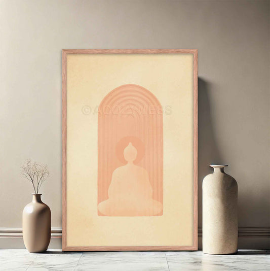 Buddha in meditation in beige and dusty pink color, calming wall art print framed in oakwood.