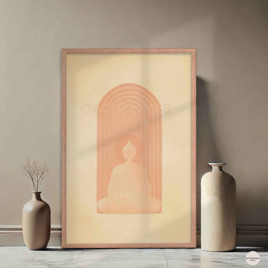 Framed artwork of a Buddha silhouette with a pink arch on a beige background