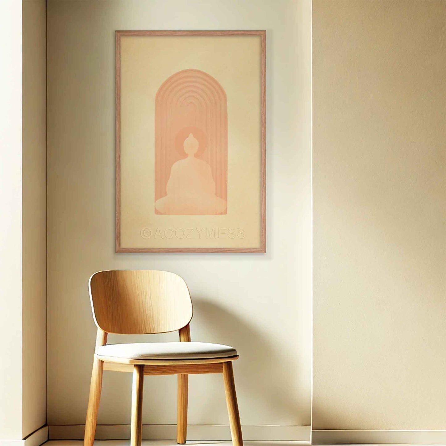 Buddha in meditation in beige and dusty pink color, calming wall art print in oakwood frame.