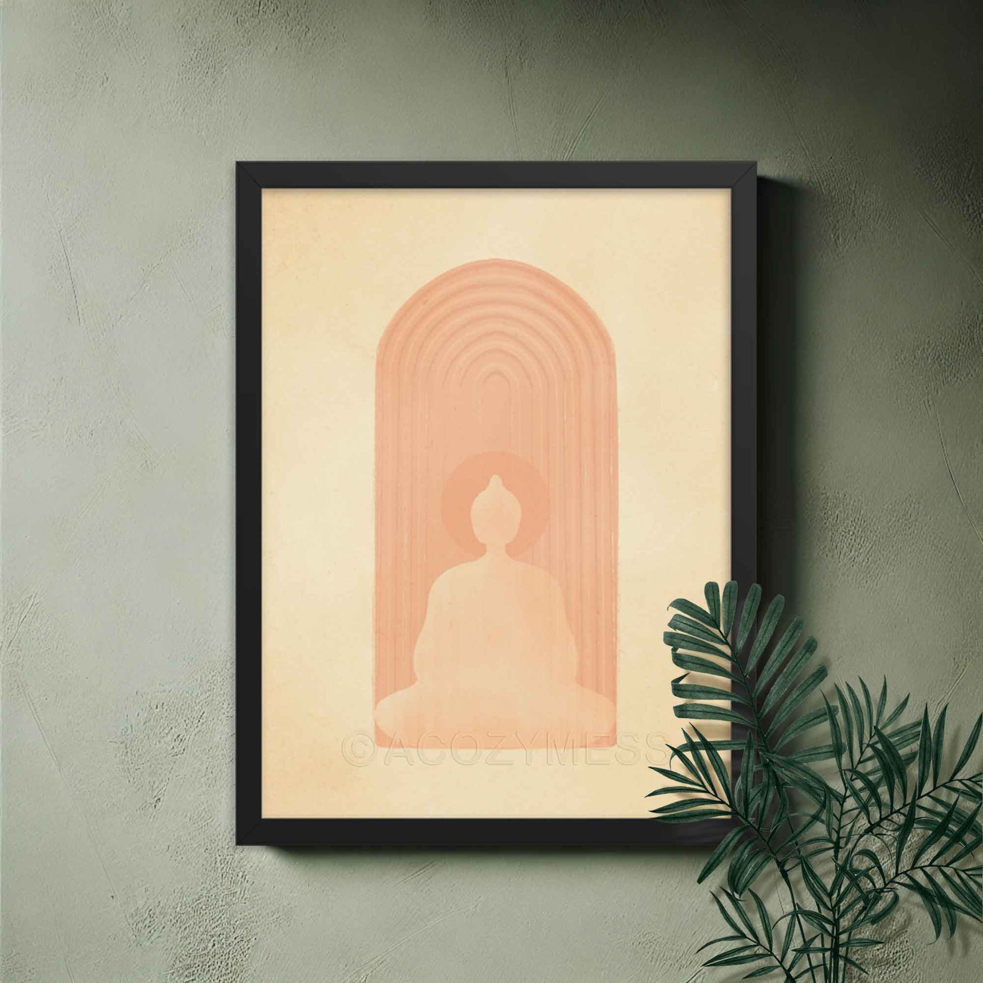 Buddha in meditation poster in beige and dusty pink color, calming wall art print in black frame.