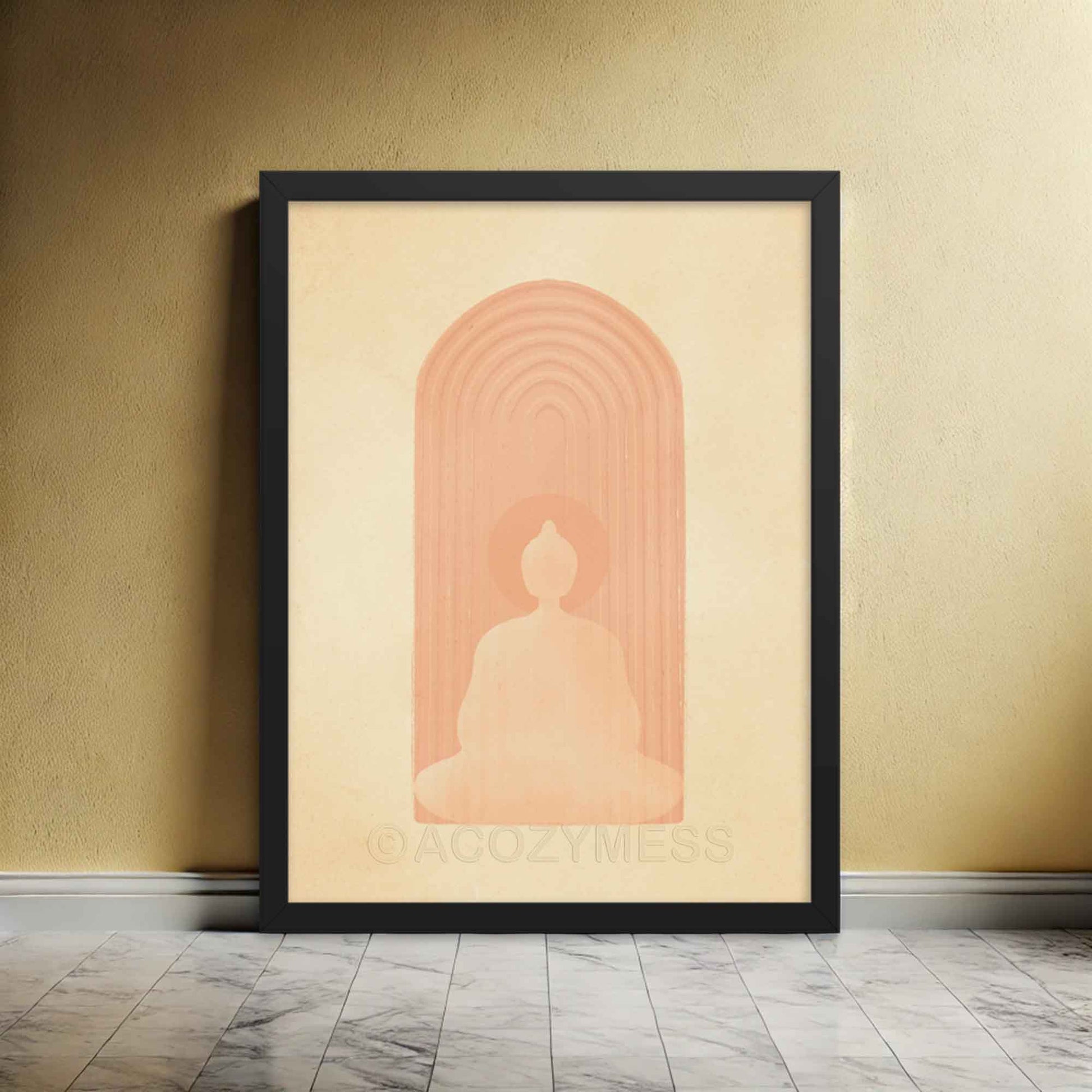 Buddha in meditation in beige and dusty pink color, calming wall art print in black frame.