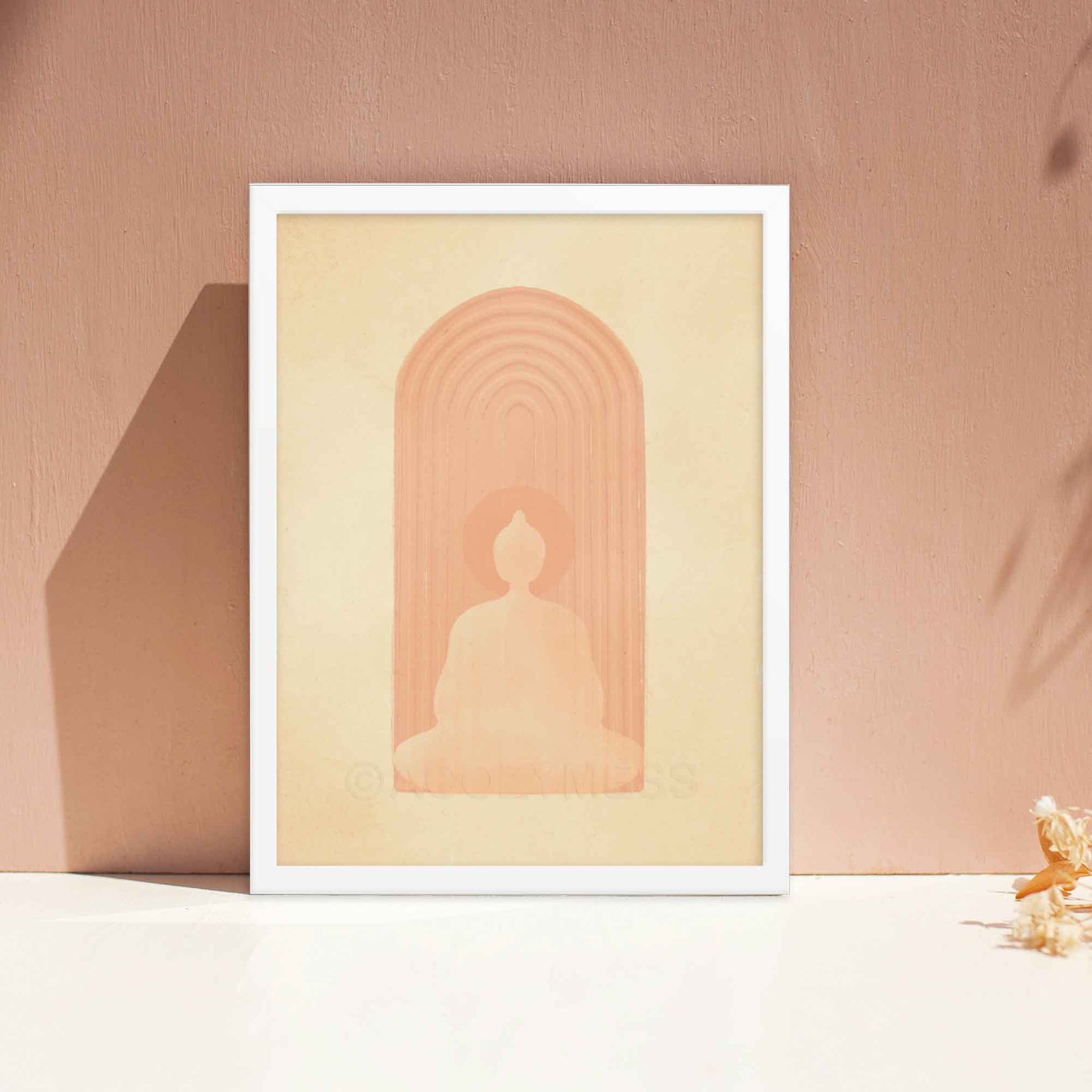 Buddha poster in meditation in beige and dusty pink color, calming wall art print framed in white.