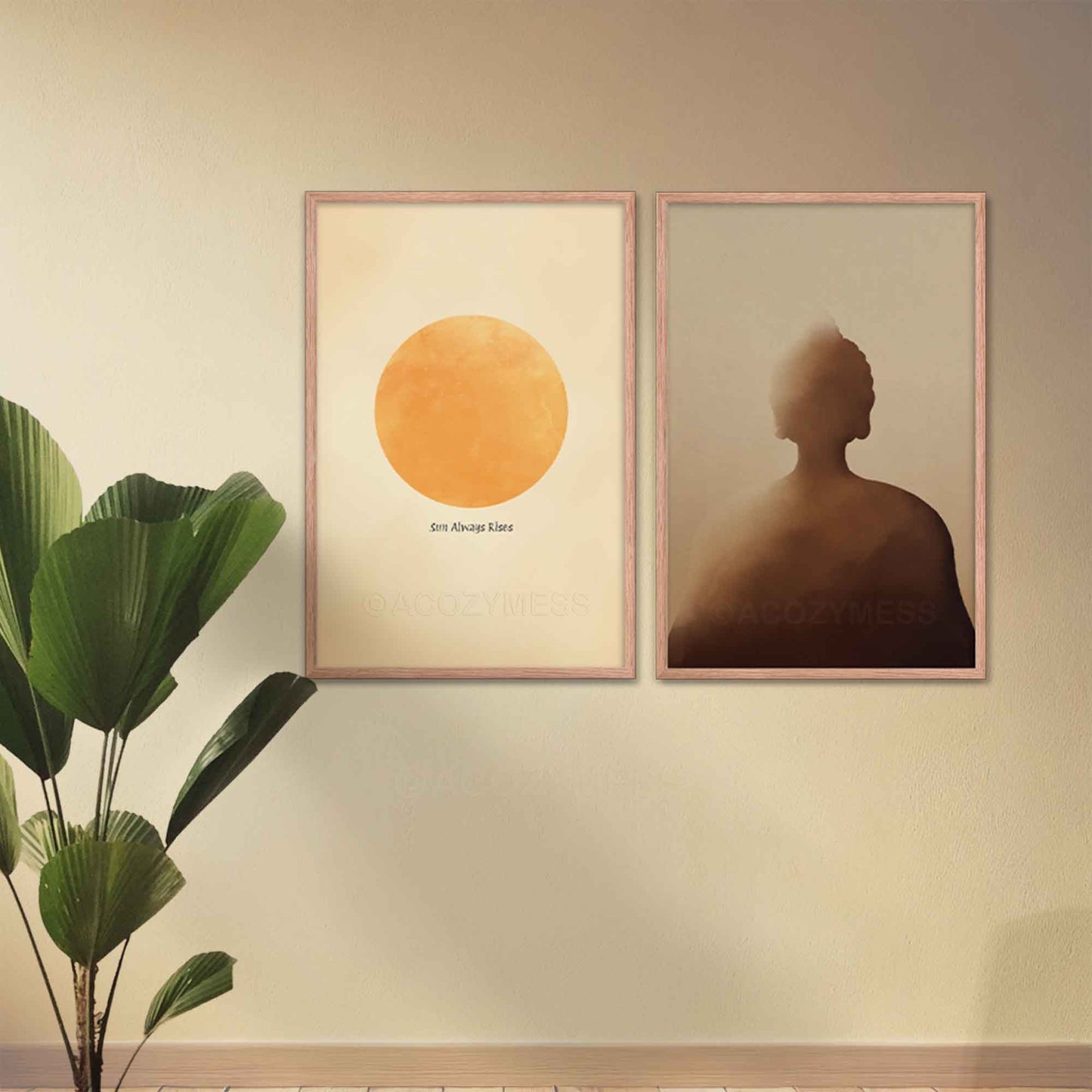 sun art print and buddha art print peaceful and calming wall art in oakwood frames