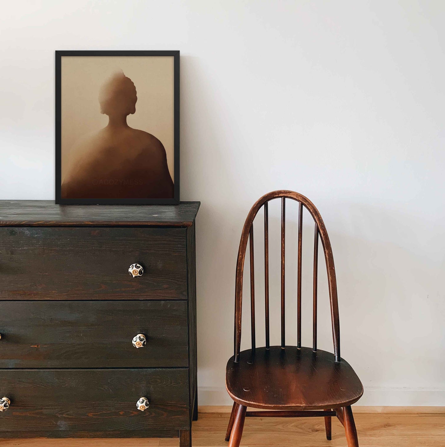 Buddha wall art in deep shades of earthy brown hues art print framed in black