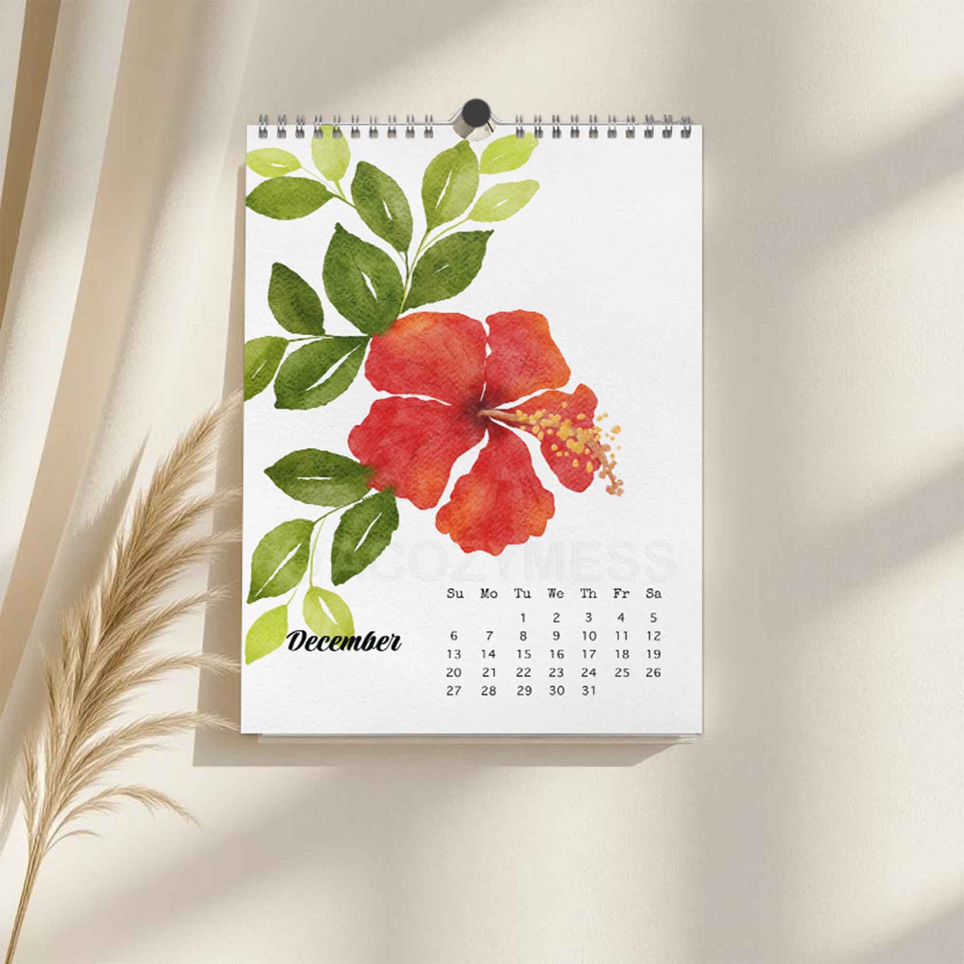 Calendar with a red flower design on a white background