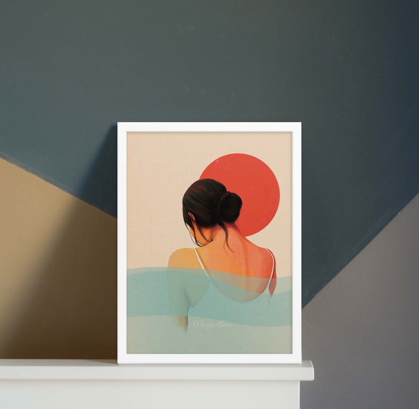 Sun & Water, Woman serene wall art in white frame