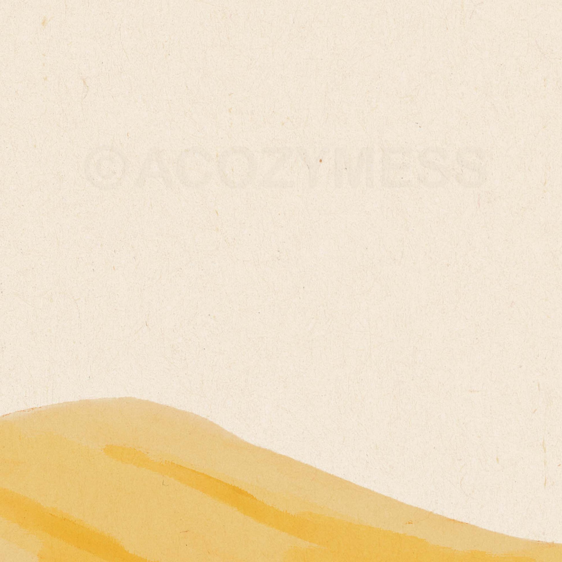 Desert mountain landscape poster in warm yellow, orange, and brown tones with a beige background